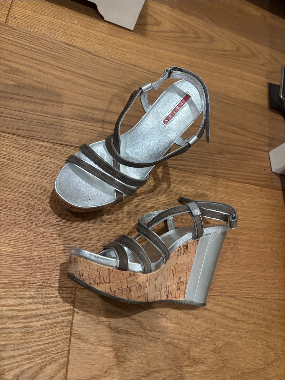Prada Metallic Silver Strappy Cork Wedge Sandals